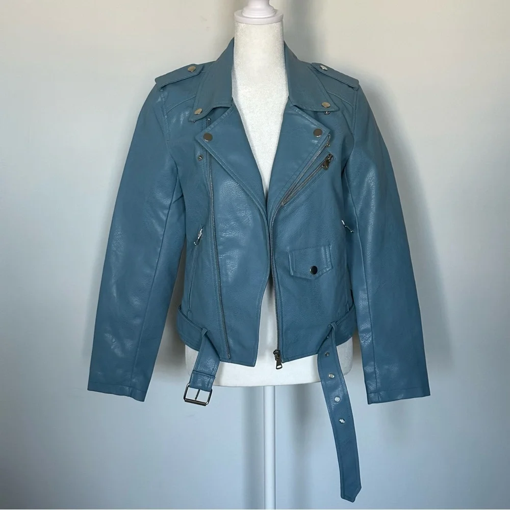 Ly Varey Lin Light Blue Faux Leather Moto Jacket with‎ Belt Women’s Small